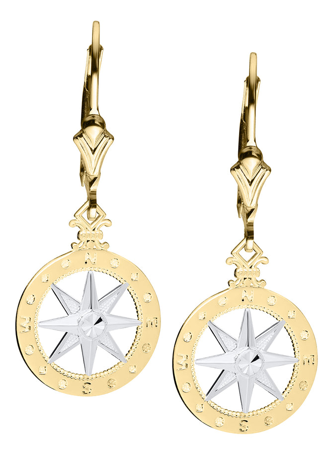 14K Two-tone Gold Compass Rose Drop Earrings