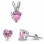 sterling silver pink cz heart earring pendent set