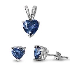 sterling silver blue sapphire heart cz earring and pendent set