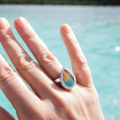Teardrop Ring with White Topaz - Turquoise Gradient