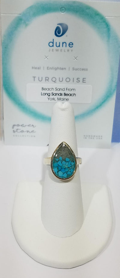 dune jewelry sterling silver teardrop ring with sand from York beach Maine