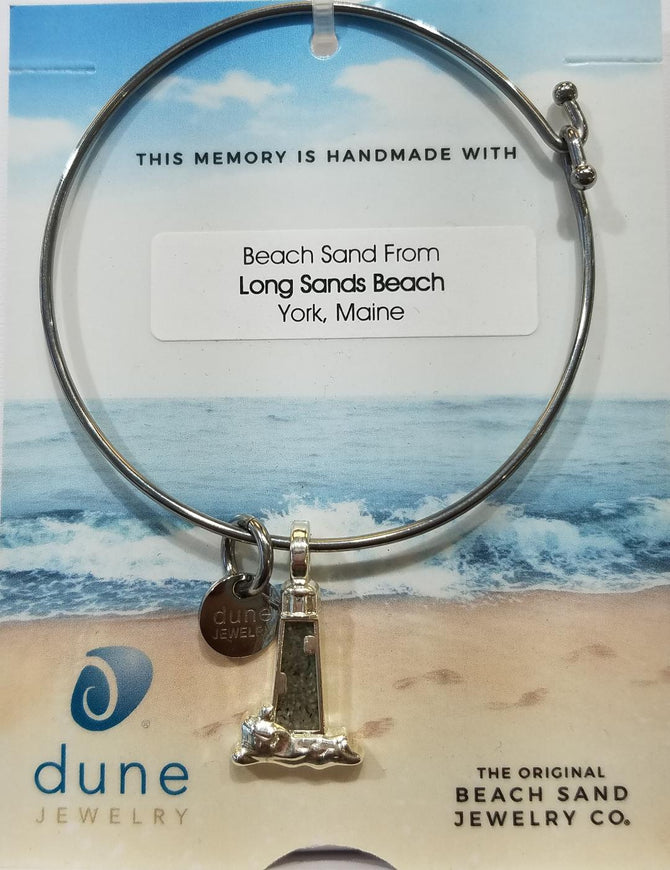 dune jewelry silver lighthouse bracelet with sand from York beach Maine
